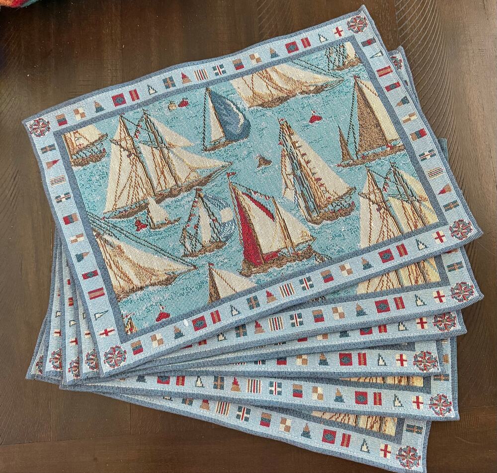 Vintage Set of 6 Nautical Sailboat Tapestry Placemats Coastal 13x18